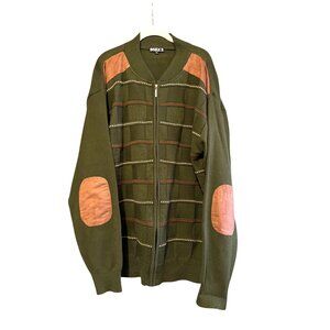 Inserch Olive Green Zip-Up Sweater Jacket W/ Suede Elbow Patches 2XL